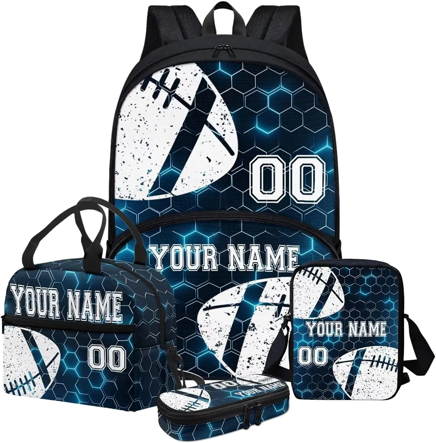 Bulopur Rugby Design Custom Backpack Set for Kids Boys, Blue Gradient Hexagonal Grid Bookbag Shoulder Bag Schoolbag Lunch Box Shoulder Crossbody Pencil Bag for Back to School, 4 Pack