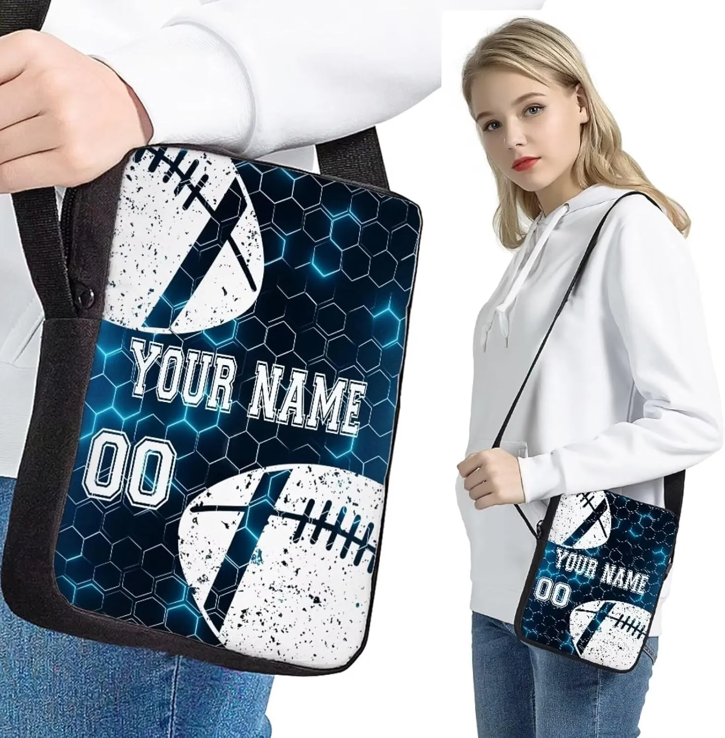 Bulopur Rugby Design Custom Backpack Set for Kids Boys, Blue Gradient Hexagonal Grid Bookbag Shoulder Bag Schoolbag Lunch Box Shoulder Crossbody Pencil Bag for Back to School, 4 Pack