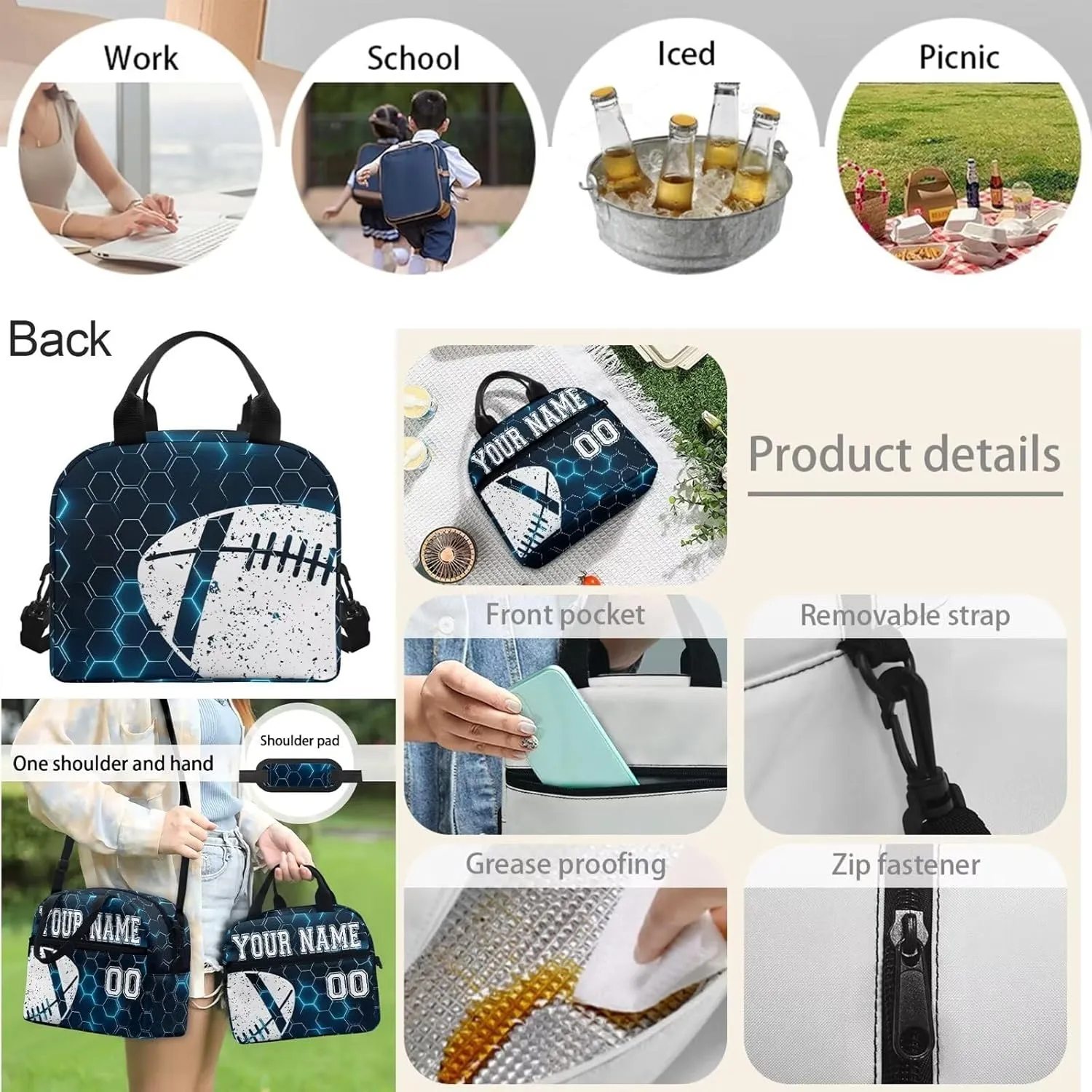 Bulopur Rugby Design Custom Backpack Set for Kids Boys, Blue Gradient Hexagonal Grid Bookbag Shoulder Bag Schoolbag Lunch Box Shoulder Crossbody Pencil Bag for Back to School, 4 Pack