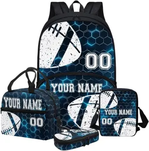 Bulopur Rugby Design Custom Backpack Set for Kids Boys, Blue Gradient Hexagonal Grid Bookbag Shoulder Bag Schoolbag Lunch Box Shoulder Crossbody Pencil Bag for Back to School, 4 Pack