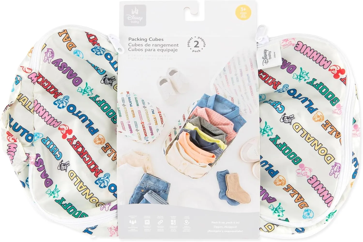 Bumkins Disney Packing Cubes for Travel, Organize Luggage with Compression Bags, Essential Traveling Accessories, Carry On Suitcase for Clothes or Toiletries, Set of 2 Sizes, Mickey and Friends White