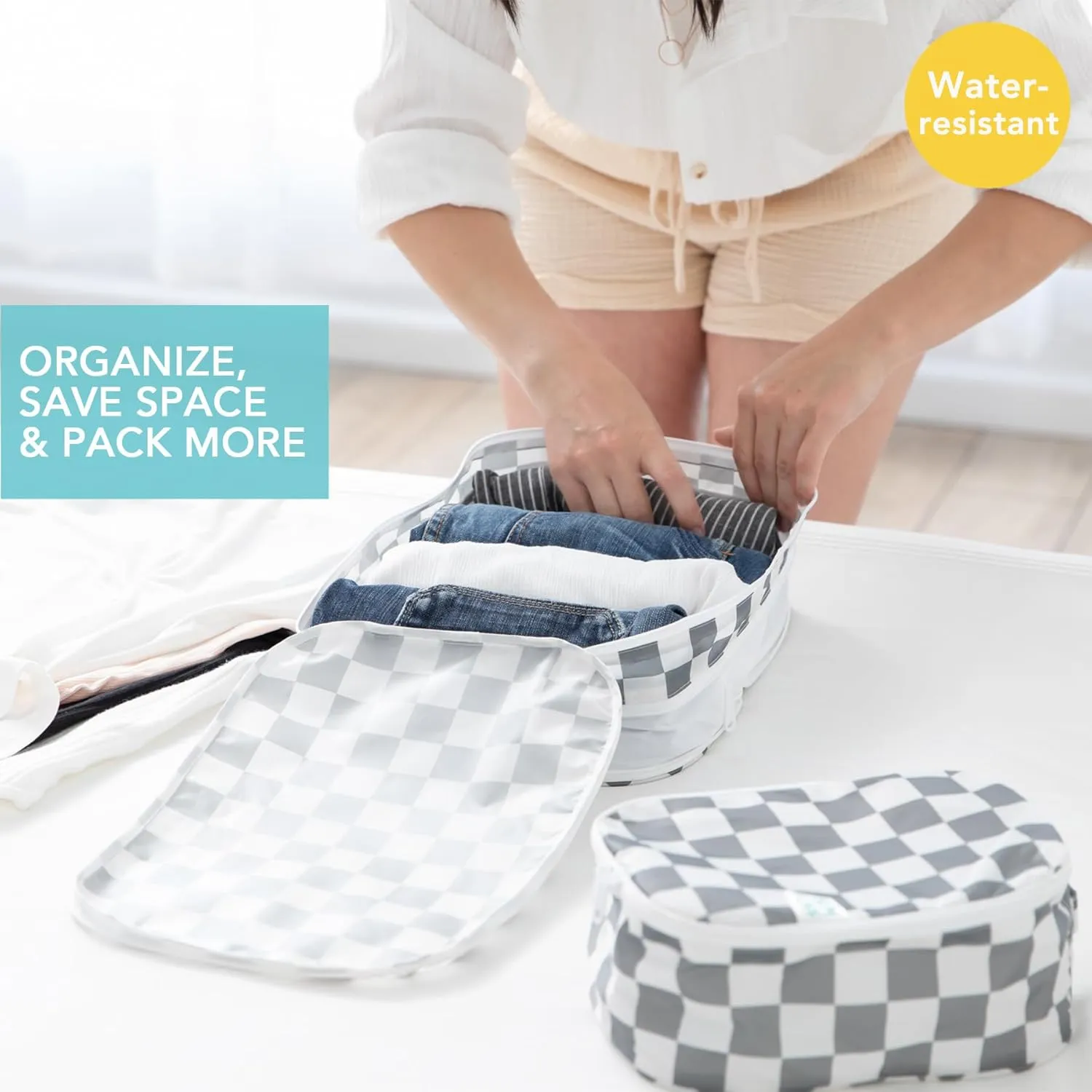 Bumkins Packing Cubes for Travel Bag, Organize Luggage with Compression Bags, Essential Traveling Accessories to Pack Carry On Suitcase, Must for Clothes or Toiletries, Set of 2 Sizes, Gray Check