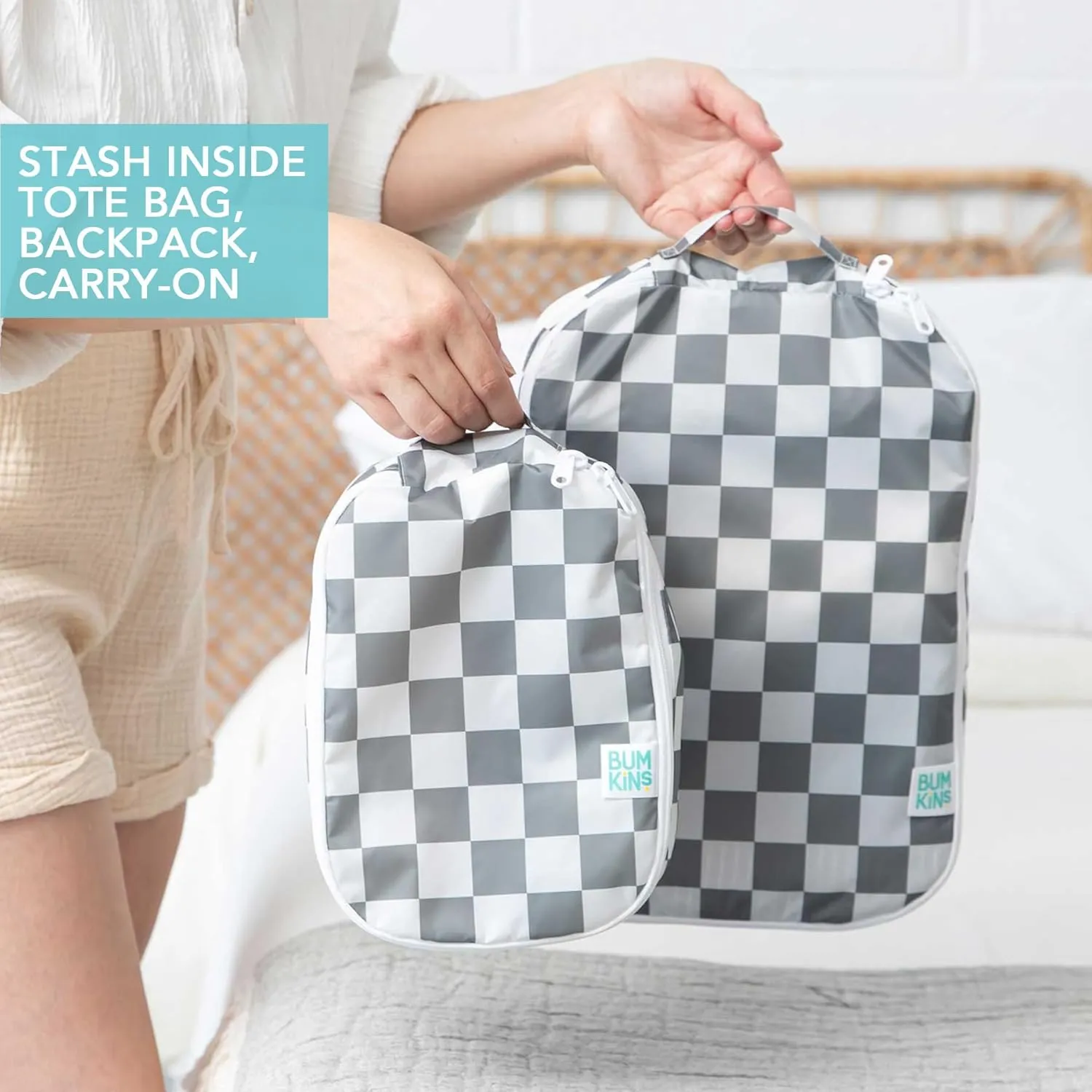Bumkins Packing Cubes for Travel Bag, Organize Luggage with Compression Bags, Essential Traveling Accessories to Pack Carry On Suitcase, Must for Clothes or Toiletries, Set of 2 Sizes, Gray Check