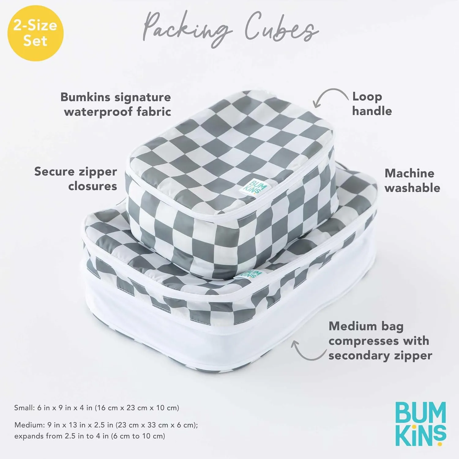 Bumkins Packing Cubes for Travel Bag, Organize Luggage with Compression Bags, Essential Traveling Accessories to Pack Carry On Suitcase, Must for Clothes or Toiletries, Set of 2 Sizes, Gray Check
