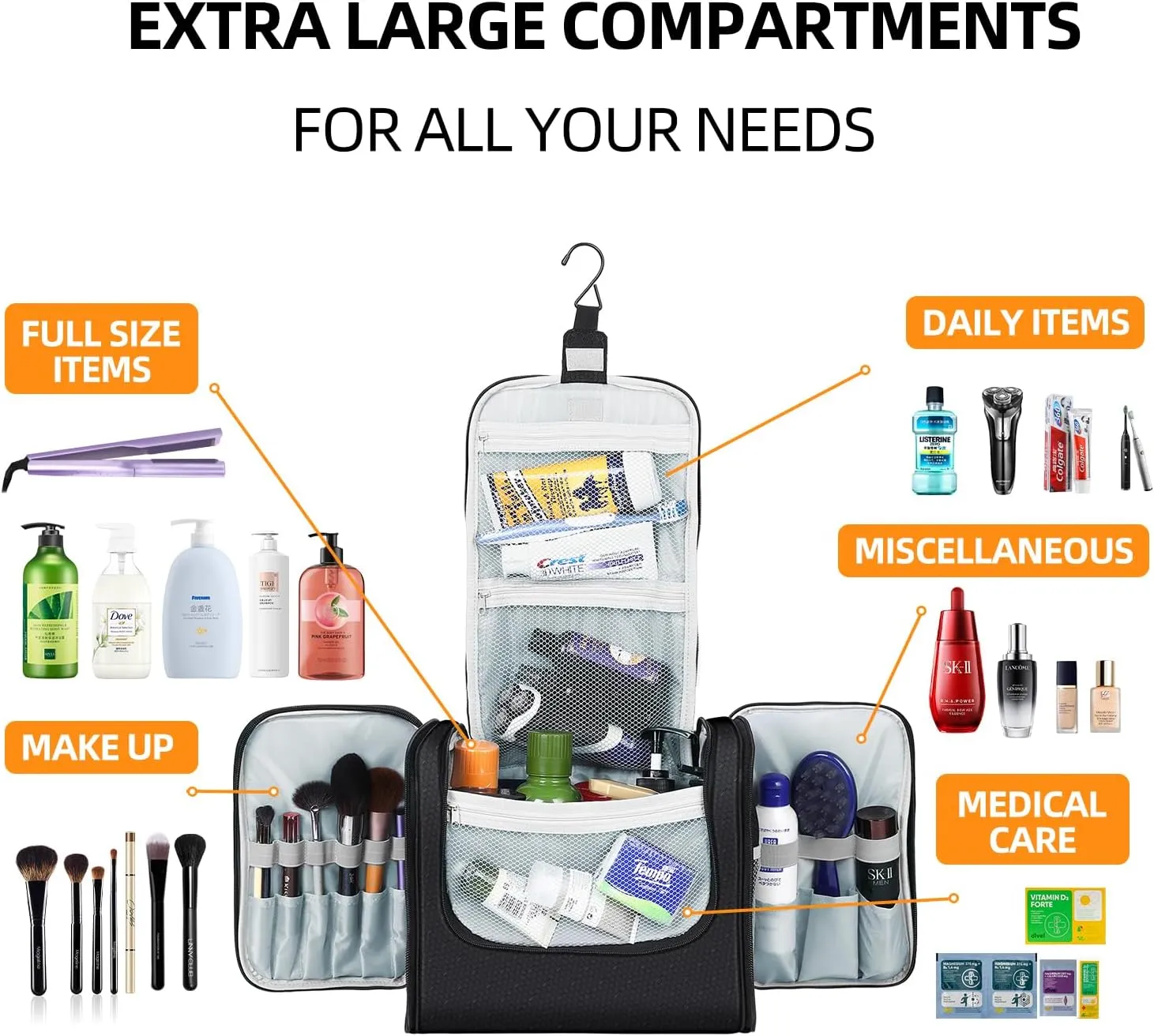 Buruis Extra Large Capacity Toiletry Bag for Women and Men, Hanging Toiletry Organizer Cosmetics Makeup Bag, Water-resistant Dopp Kit for Full Sized Toiletries, Travel Essentials (Black)