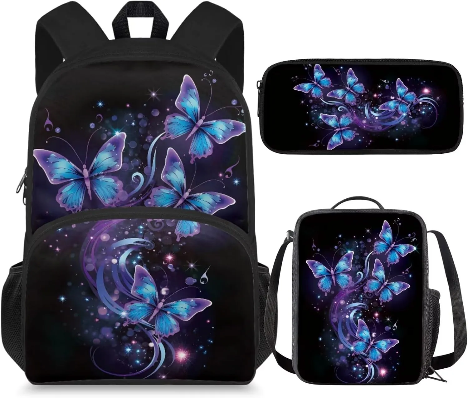 Butterfly Backpack for School Girls 4th Grade 3-Piece Schoolbag Set with Lunchbox Pencil Case 9-10 Kids Large Book Bags Lightweight Camping Backpacks Daycare Bag Mochilas De NiñAs
