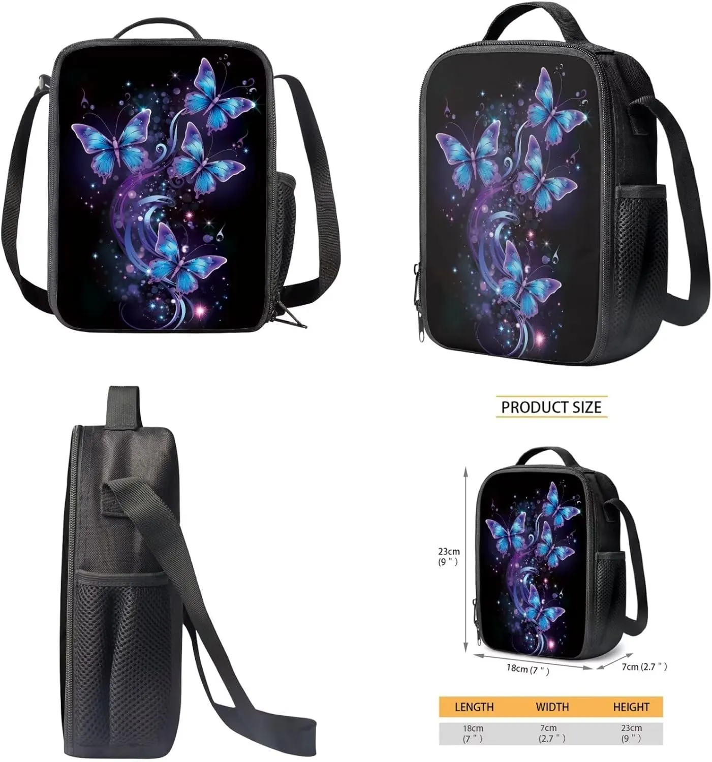 Butterfly Backpack for School Girls 4th Grade 3-Piece Schoolbag Set with Lunchbox Pencil Case 9-10 Kids Large Book Bags Lightweight Camping Backpacks Daycare Bag Mochilas De NiñAs
