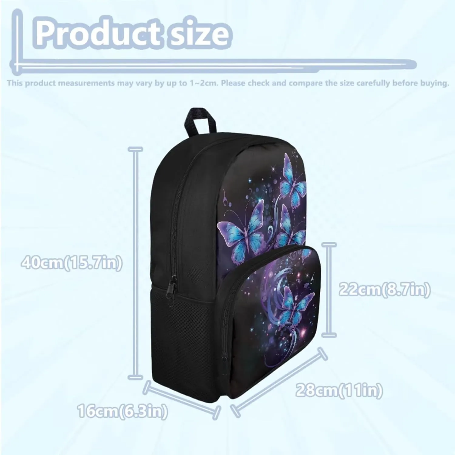 Butterfly Backpack for School Girls 4th Grade 3-Piece Schoolbag Set with Lunchbox Pencil Case 9-10 Kids Large Book Bags Lightweight Camping Backpacks Daycare Bag Mochilas De NiñAs