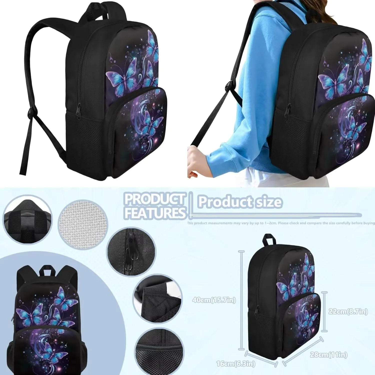 Butterfly Backpack for School Girls 4th Grade 3-Piece Schoolbag Set with Lunchbox Pencil Case 9-10 Kids Large Book Bags Lightweight Camping Backpacks Daycare Bag Mochilas De NiñAs