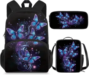 Butterfly Backpack for School Girls 4th Grade 3-Piece Schoolbag Set with Lunchbox Pencil Case 9-10 Kids Large Book Bags Lightweight Camping Backpacks Daycare Bag Mochilas De NiñAs