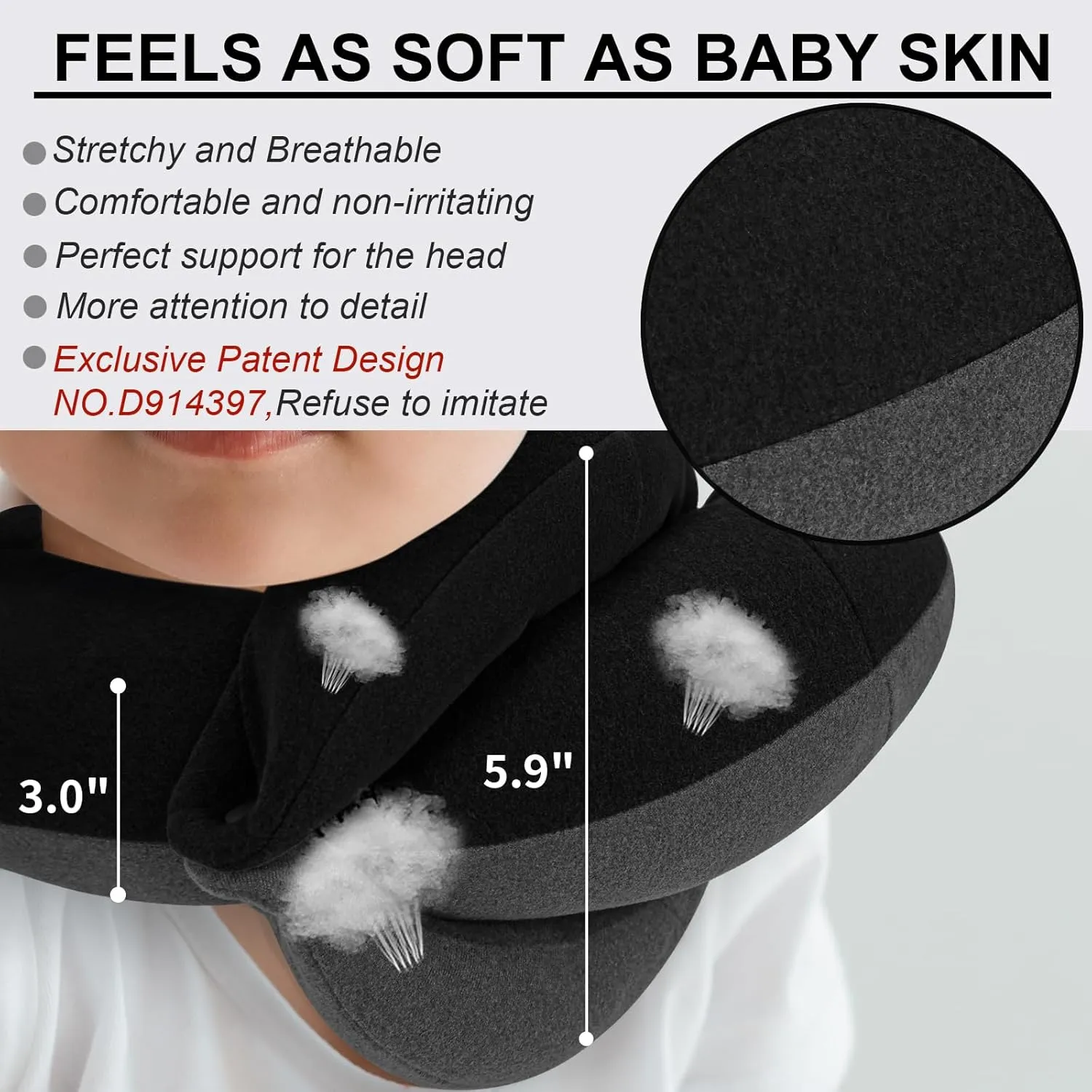 BUYUE Kids Travel Pillows for Airplane, 360° Head Support Sleeping Essentials for Boys Long Flight, Skin-Friendly Soft Neck Pillow for Traveling in Car Seat, (Small, Black Grey, 40-90 lbs)