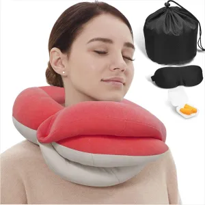 BUYUE Travel Neck Pillows for Airplanes, 360° Head Support Sleep for Long Flight, Skin-Friendly & Breathable, Kit with 3D Contoured Eye Mask, Earplugs and Storage Bag (Adult, Pink, 90  lbs)