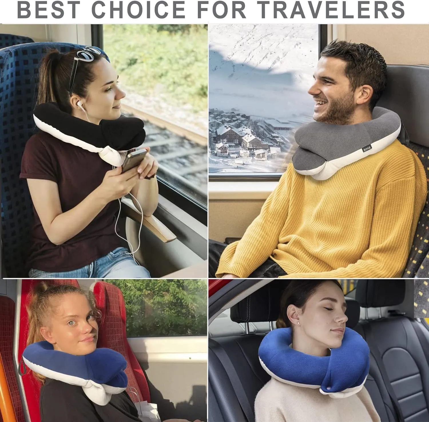 BUYUE Travel Neck Pillows for Airplanes, 360° Head Support Sleep for Long Flight, Skin-Friendly & Breathable, Kit with 3D Contoured Eye Mask, Earplugs and Storage Bag (Adult, Pink, 90  lbs)