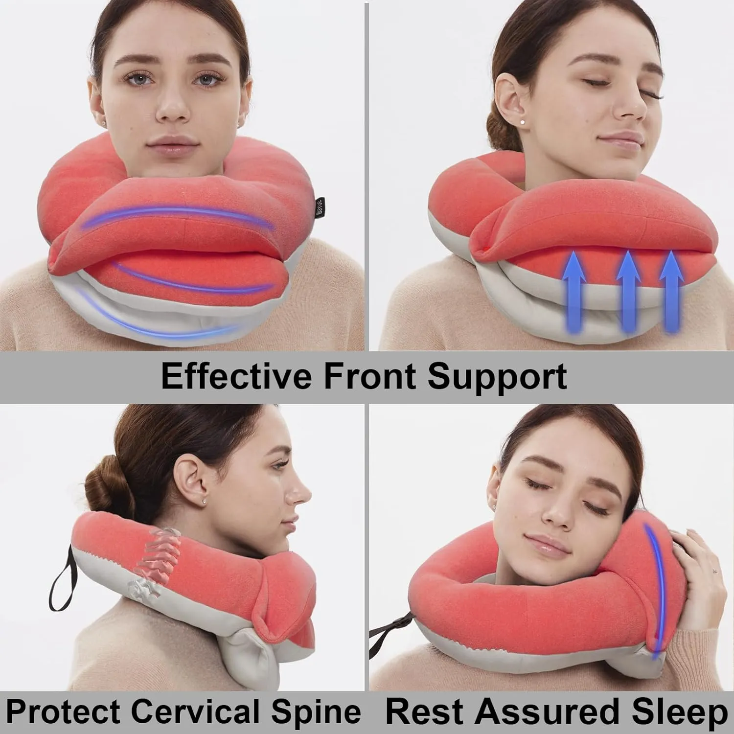 BUYUE Travel Neck Pillows for Airplanes, 360° Head Support Sleep for Long Flight, Skin-Friendly & Breathable, Kit with 3D Contoured Eye Mask, Earplugs and Storage Bag (Adult, Pink, 90  lbs)