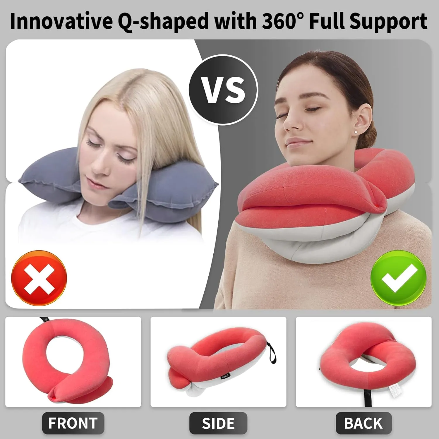 BUYUE Travel Neck Pillows for Airplanes, 360° Head Support Sleep for Long Flight, Skin-Friendly & Breathable, Kit with 3D Contoured Eye Mask, Earplugs and Storage Bag (Adult, Pink, 90  lbs)