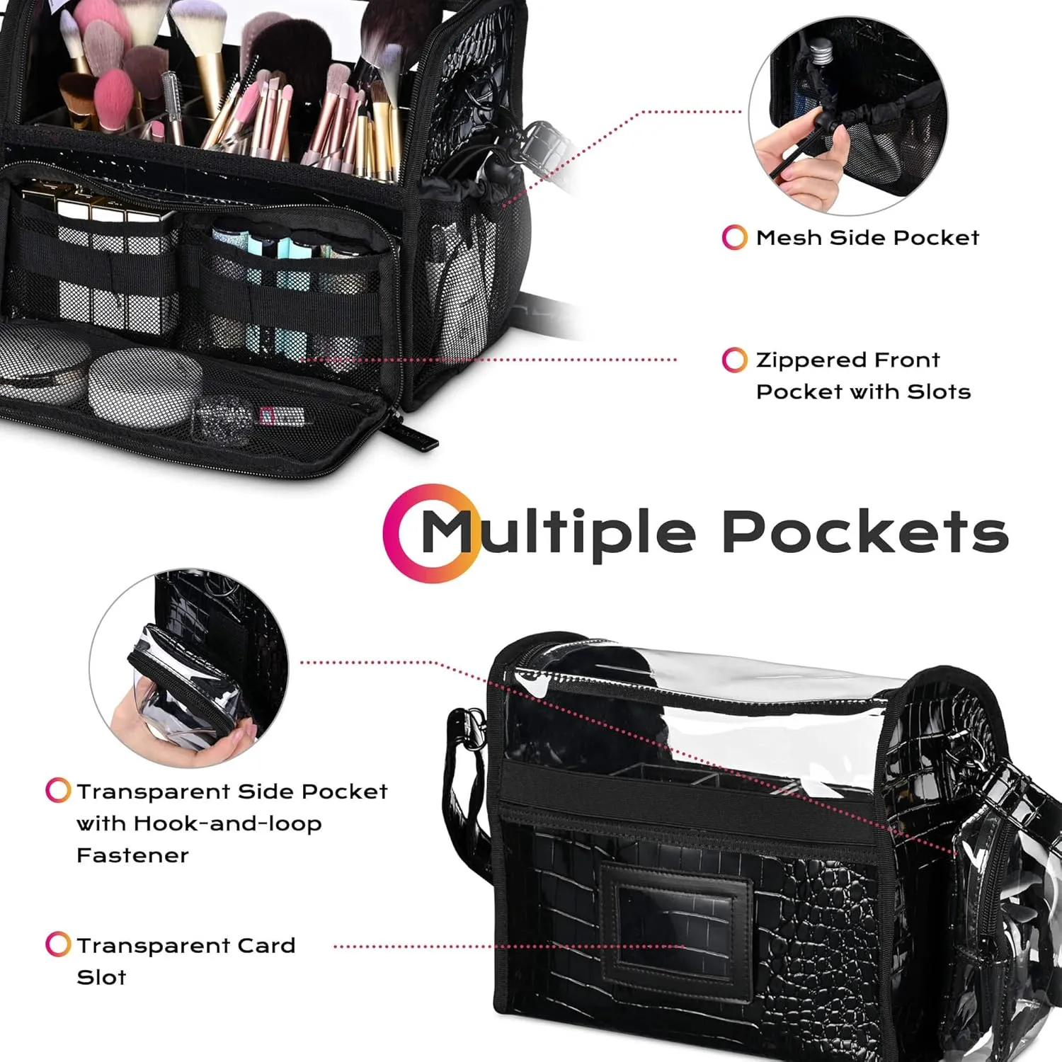 BYOOTIQUE Makeup Brush Case Portable Artist Brush Holder Stand-Up Travel Cosmetic Organizer Bag Large Professional Artist Storage Bag with Adjustable Dividers Shoulder Strap & Wrapped Ribbon (Black)