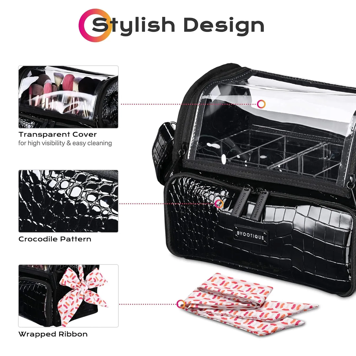 BYOOTIQUE Makeup Brush Case Portable Artist Brush Holder Stand-Up Travel Cosmetic Organizer Bag Large Professional Artist Storage Bag with Adjustable Dividers Shoulder Strap & Wrapped Ribbon (Black)