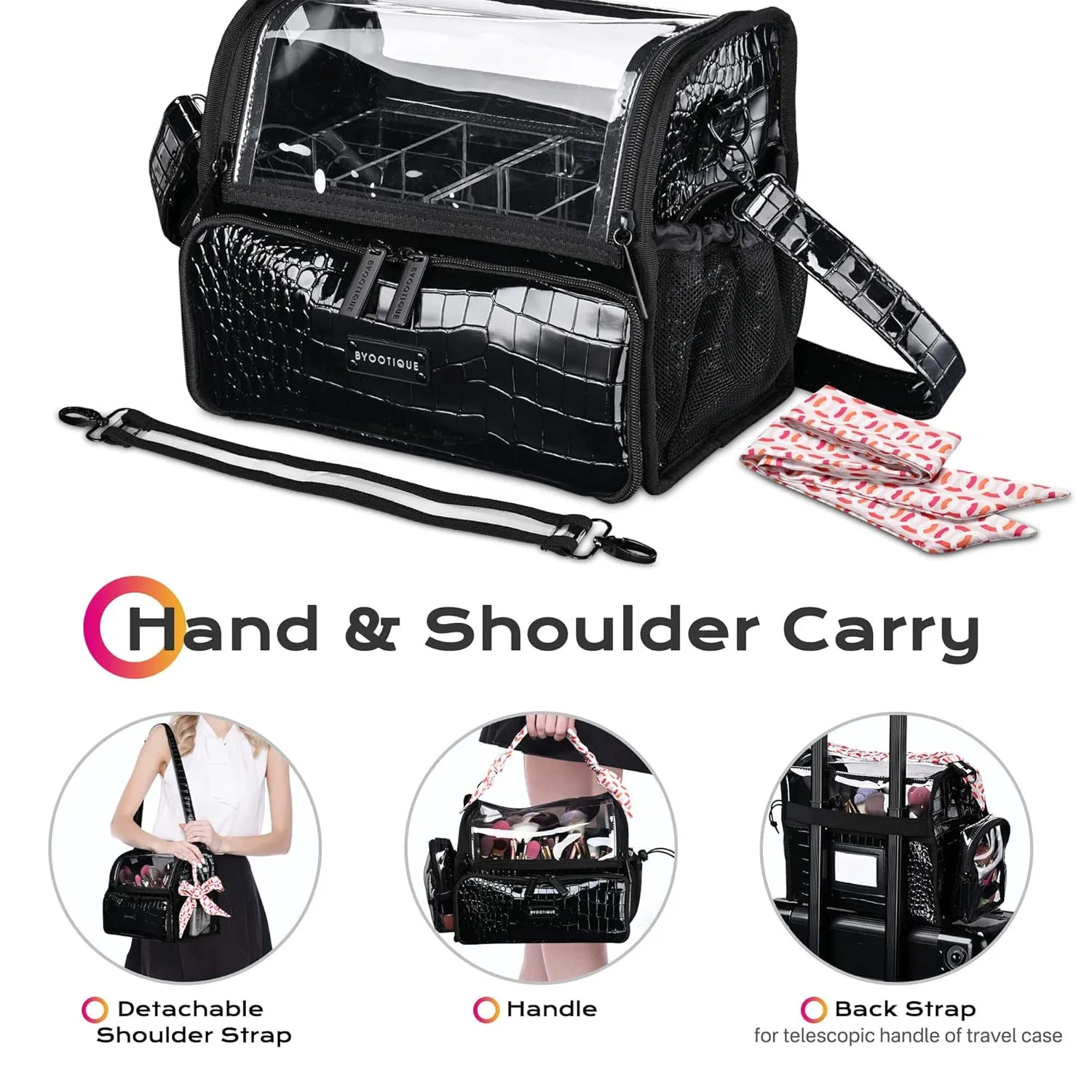 BYOOTIQUE Makeup Brush Case Portable Artist Brush Holder Stand-Up Travel Cosmetic Organizer Bag Large Professional Artist Storage Bag with Adjustable Dividers Shoulder Strap & Wrapped Ribbon (Black)