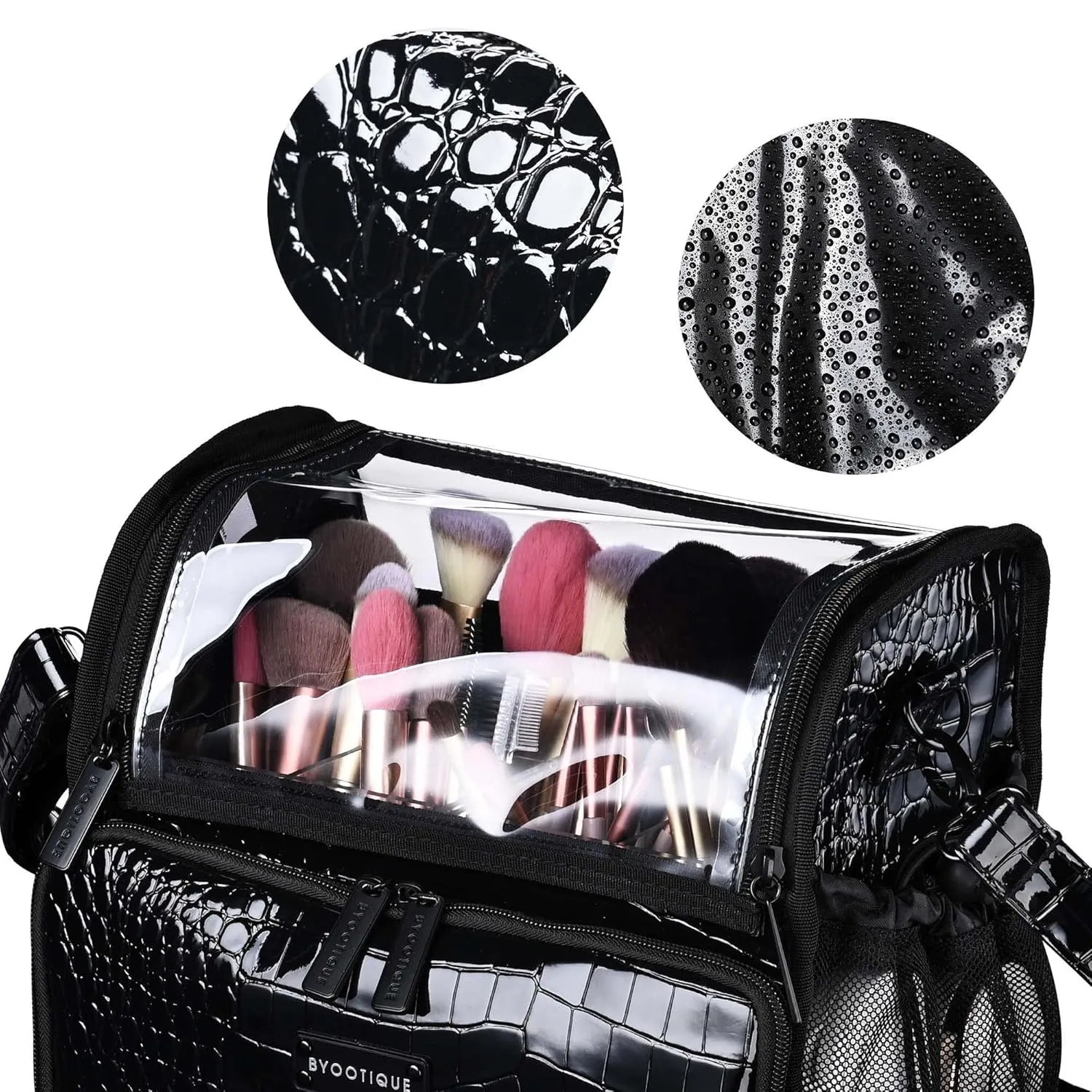 BYOOTIQUE Makeup Brush Case Portable Artist Brush Holder Stand-Up Travel Cosmetic Organizer Bag Large Professional Artist Storage Bag with Adjustable Dividers Shoulder Strap & Wrapped Ribbon (Black)