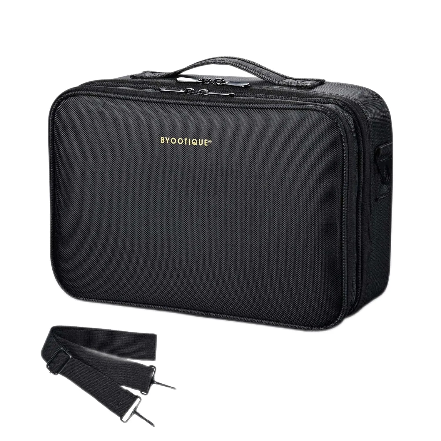 BYOOTIQUE Medium Travel Makeup Bag Portable with Shoulder Strap Adjustable Dividers for Backpack Train Cosmetic Case Brush Holder Organizer, Black