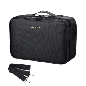 BYOOTIQUE Medium Travel Makeup Bag Portable with Shoulder Strap Adjustable Dividers for Backpack Train Cosmetic Case Brush Holder Organizer, Black