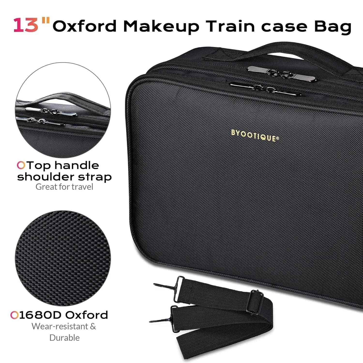 BYOOTIQUE Medium Travel Makeup Bag Portable with Shoulder Strap Adjustable Dividers for Backpack Train Cosmetic Case Brush Holder Organizer, Black