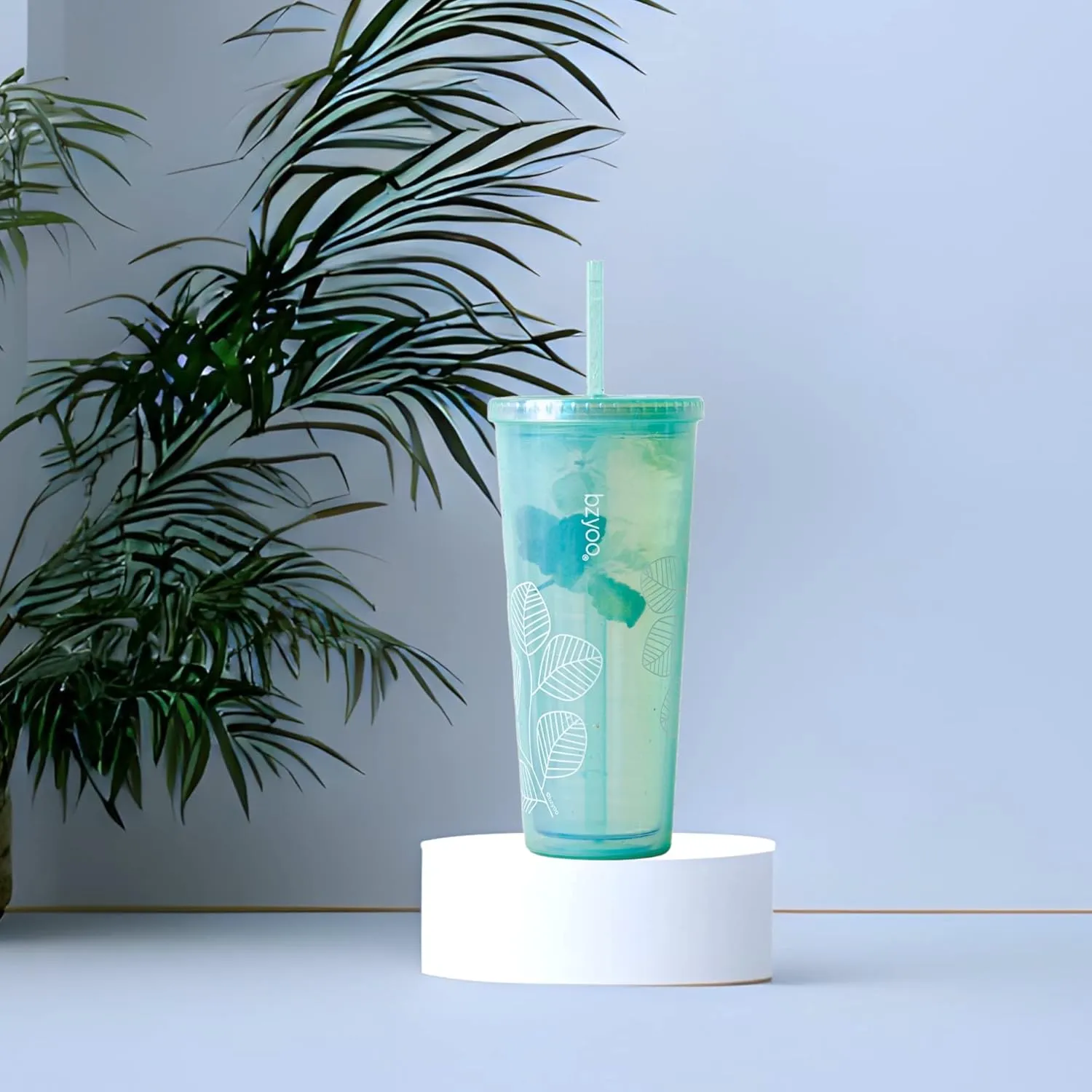 bzyoo SIP 24oz (710ml) Double Wall Plastic Tumbler with Lid and Straw Cold Drink Travel Mug Reusable Ice Coffee Tea Cup Perfect for Office Poolside Parties Gifts Color: Pearl Green