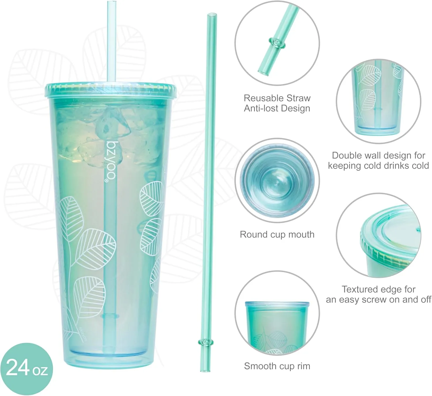 bzyoo SIP 24oz (710ml) Double Wall Plastic Tumbler with Lid and Straw Cold Drink Travel Mug Reusable Ice Coffee Tea Cup Perfect for Office Poolside Parties Gifts Color: Pearl Green