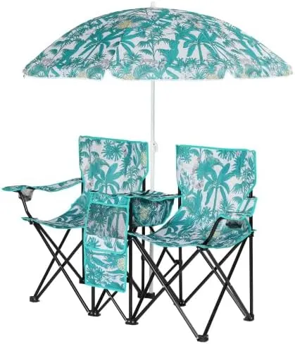Camping Chairs, Folding Double Chair with Removable Umbrella, Cup Holders, Cooler Bag, Side Pocket & Carry Bag, for Beach, Outdoor, Sports, Concerts, Travel, Picnic