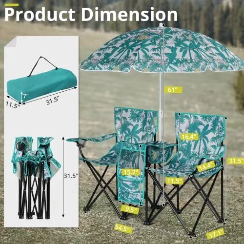 Camping Chairs, Folding Double Chair with Removable Umbrella, Cup Holders, Cooler Bag, Side Pocket & Carry Bag, for Beach, Outdoor, Sports, Concerts, Travel, Picnic