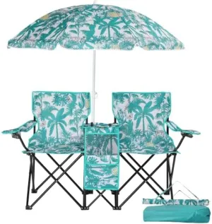 Camping Chairs, Folding Double Chair with Removable Umbrella, Cup Holders, Cooler Bag, Side Pocket & Carry Bag, for Beach, Outdoor, Sports, Concerts, Travel, Picnic
