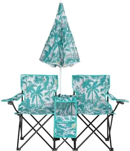 Camping Chairs, Folding Double Chair with Removable Umbrella, Cup Holders, Cooler Bag, Side Pocket & Carry Bag, for Beach, Outdoor, Sports, Concerts, Travel, Picnic