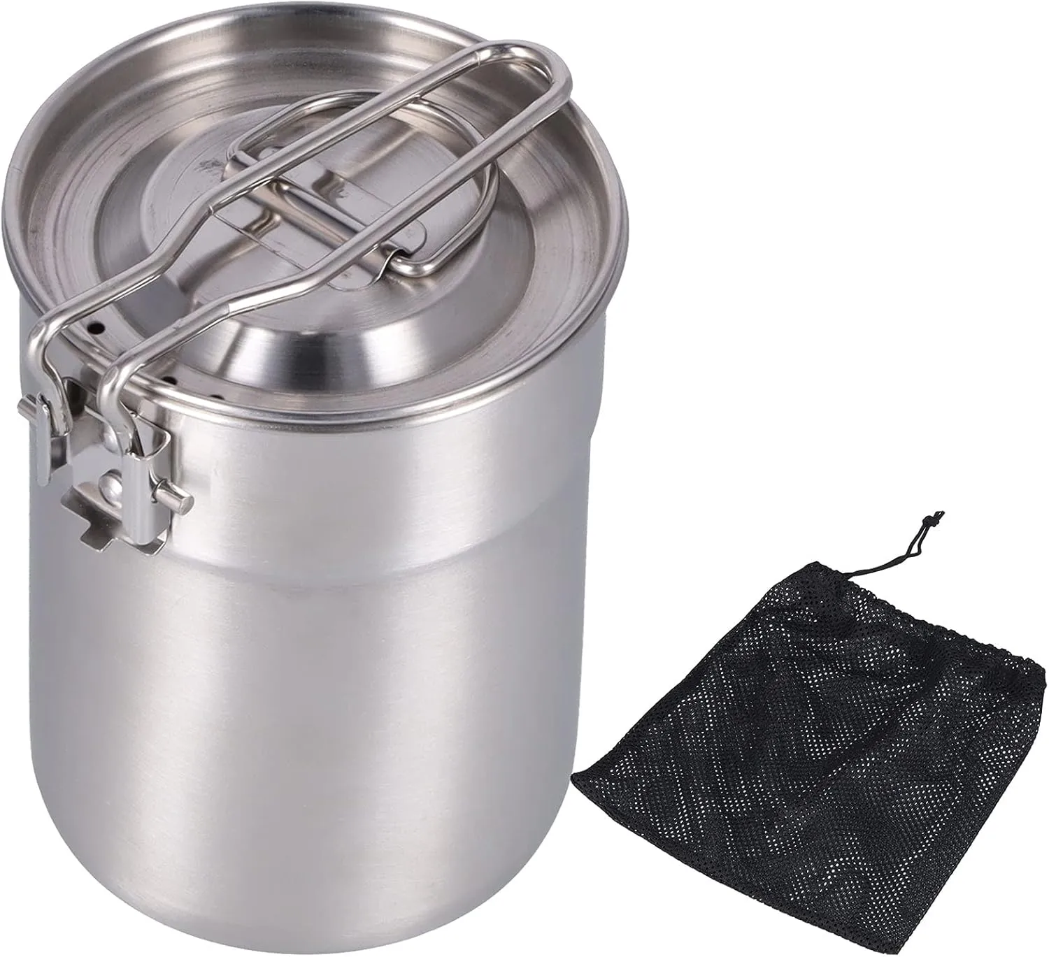 Camping Cup Pot, Foldable Locking Handle Vented Lids Outdoor Lightweigh Travelling Cook Pots 1L Stainless Steel Water mug for Hiking Backpacking Picnic Open Fire Cooking