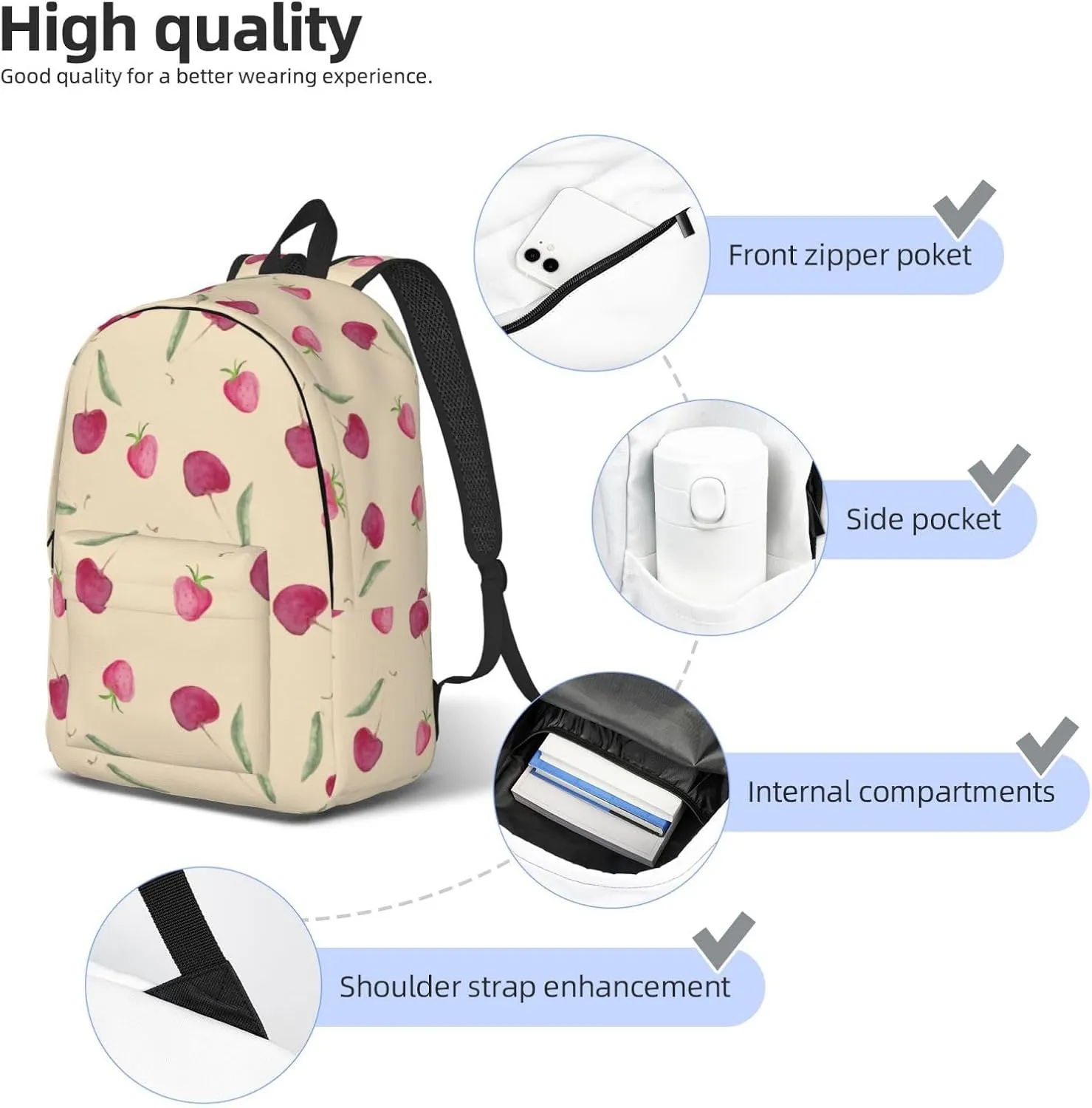 Canvas Casual Backpack Laptop Bag Suitable for Travel Office Outdoor Sports Men and Women Cherry