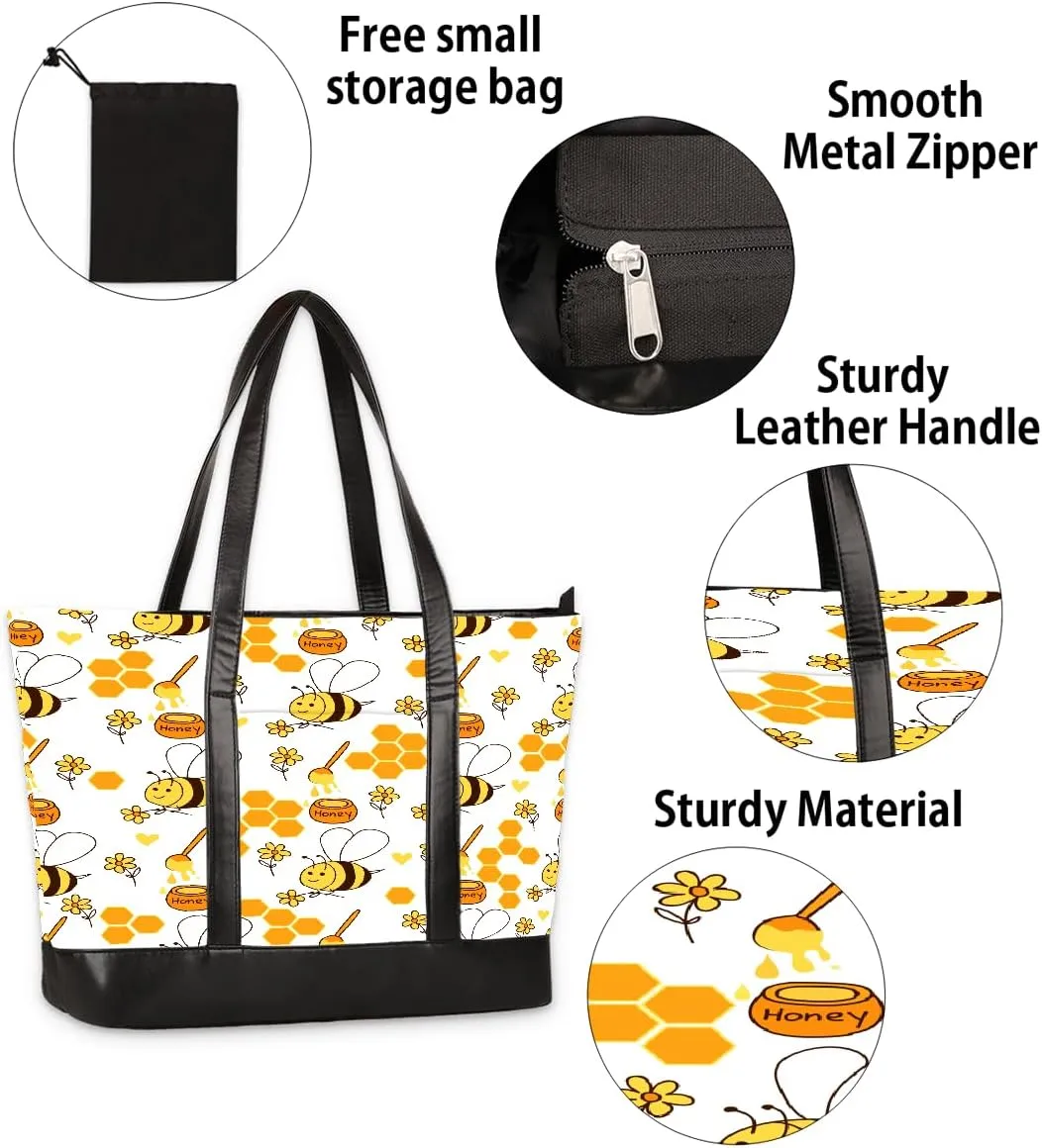 Canvas Laptop Tote Bag for Women Bee Honey Animal Cute 15.6 Inch Large Capacity Computer Bag