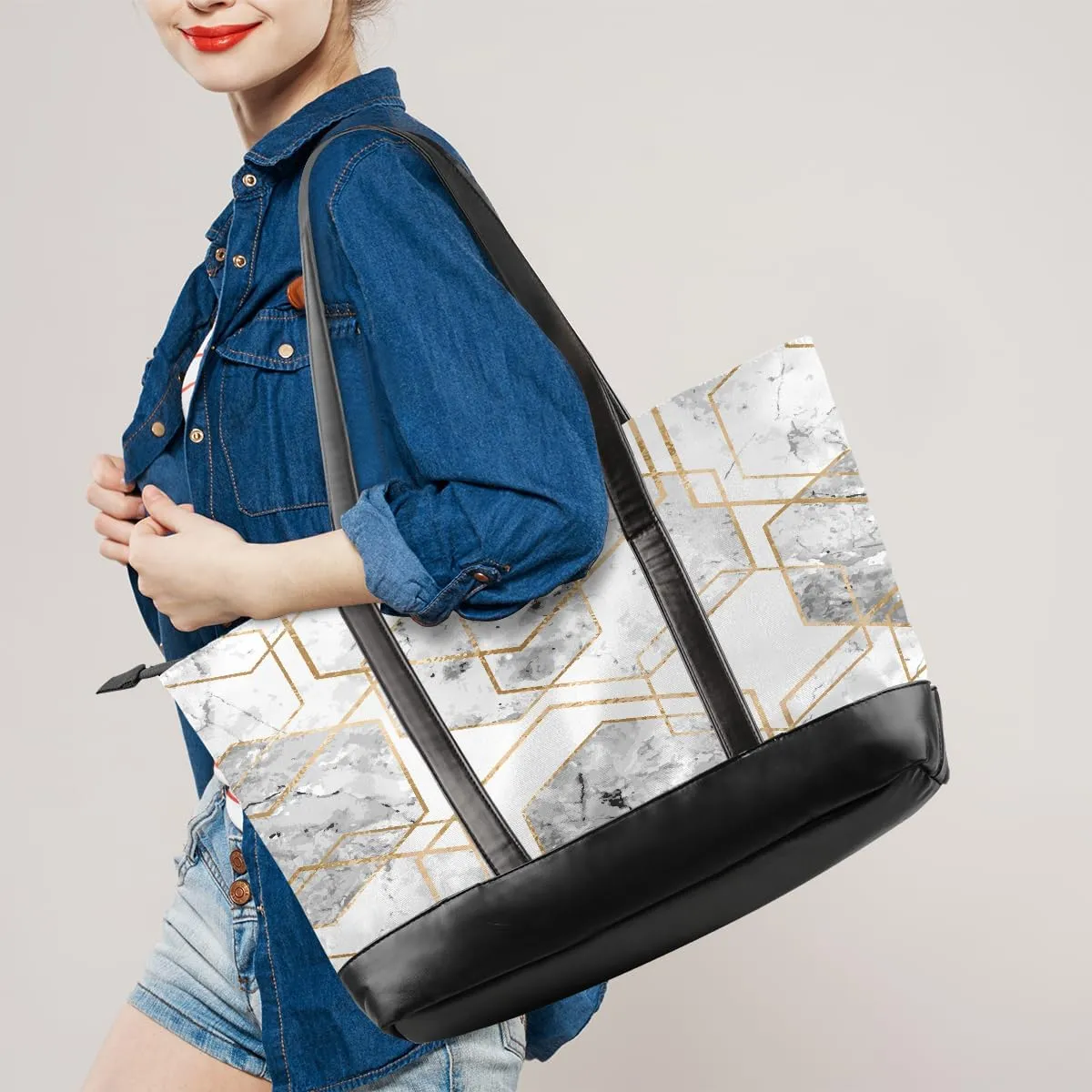 Canvas Laptop Tote Bag for Women Cherry Blossom Pink Blue 15.6 Inch Large Capacity Computer Bag