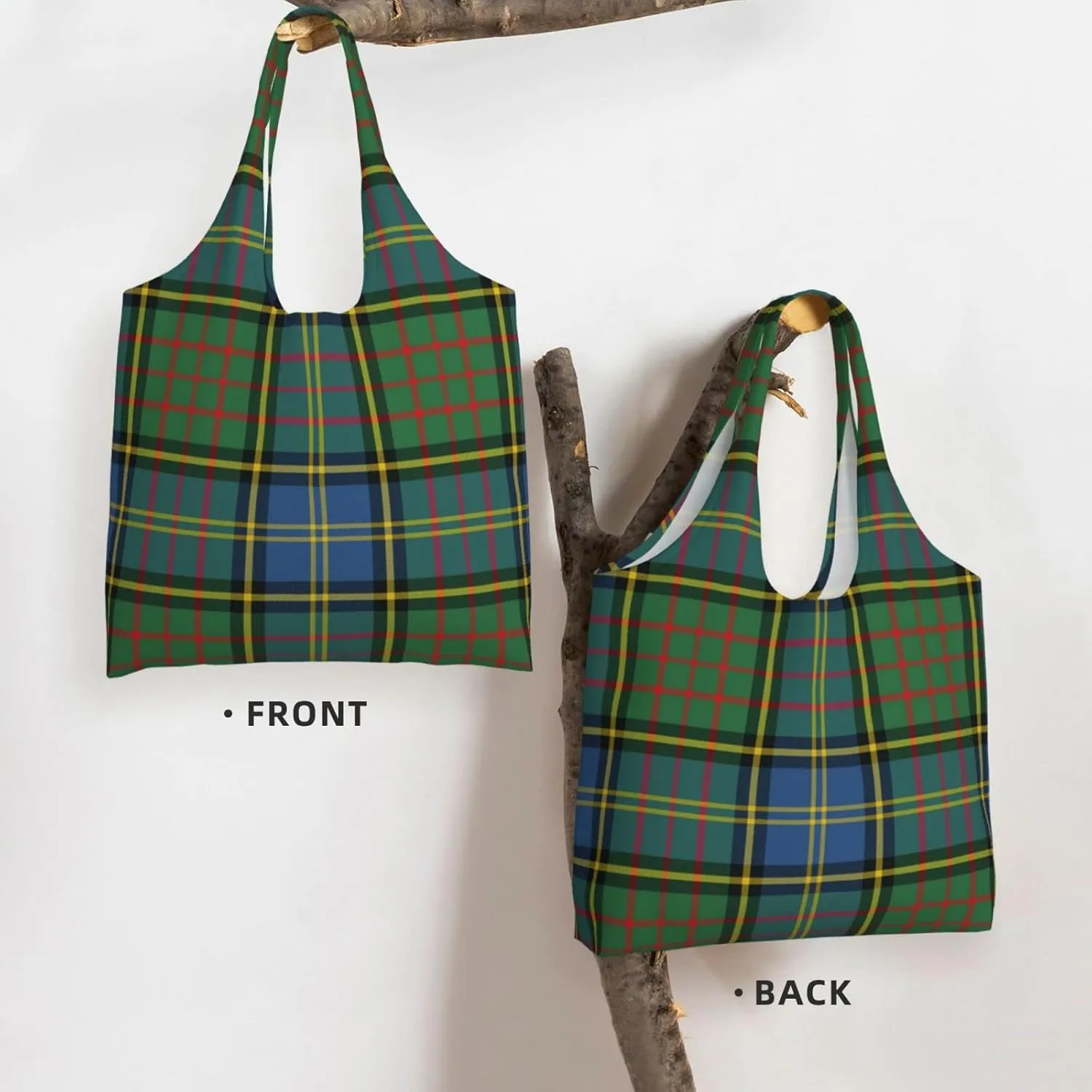 Canvas Shoulder Tote Bags For Women And Men, Reusable Grocery Bags, Large Capacity Clelland Modern Tartan Printed