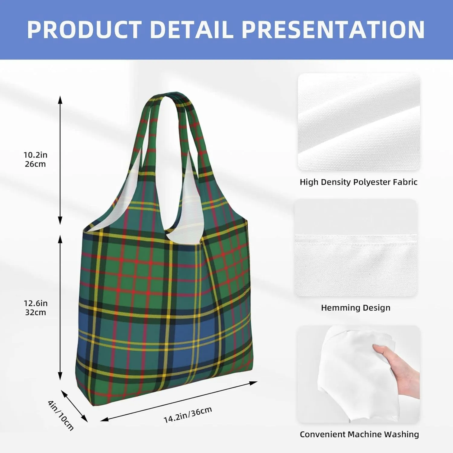 Canvas Shoulder Tote Bags For Women And Men, Reusable Grocery Bags, Large Capacity Clelland Modern Tartan Printed
