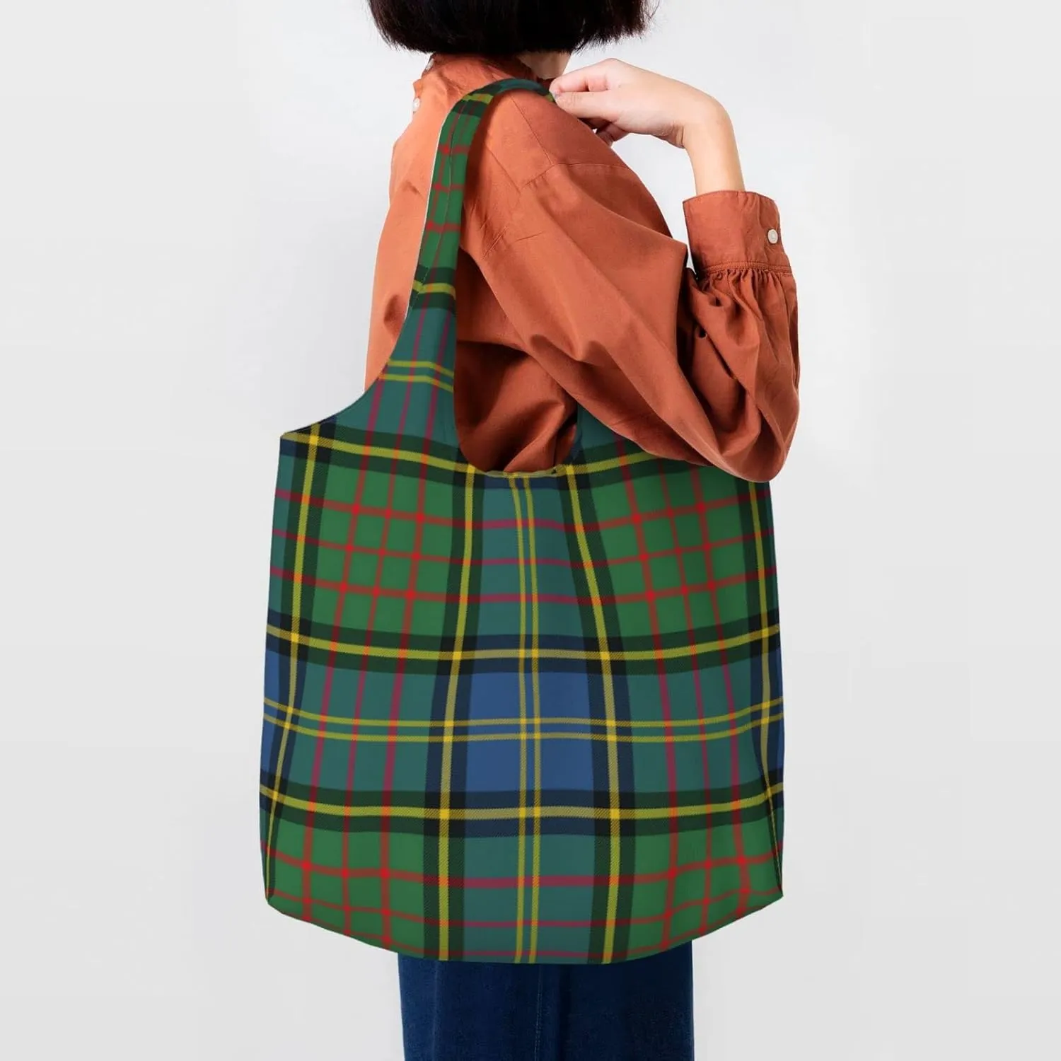Canvas Shoulder Tote Bags For Women And Men, Reusable Grocery Bags, Large Capacity Clelland Modern Tartan Printed