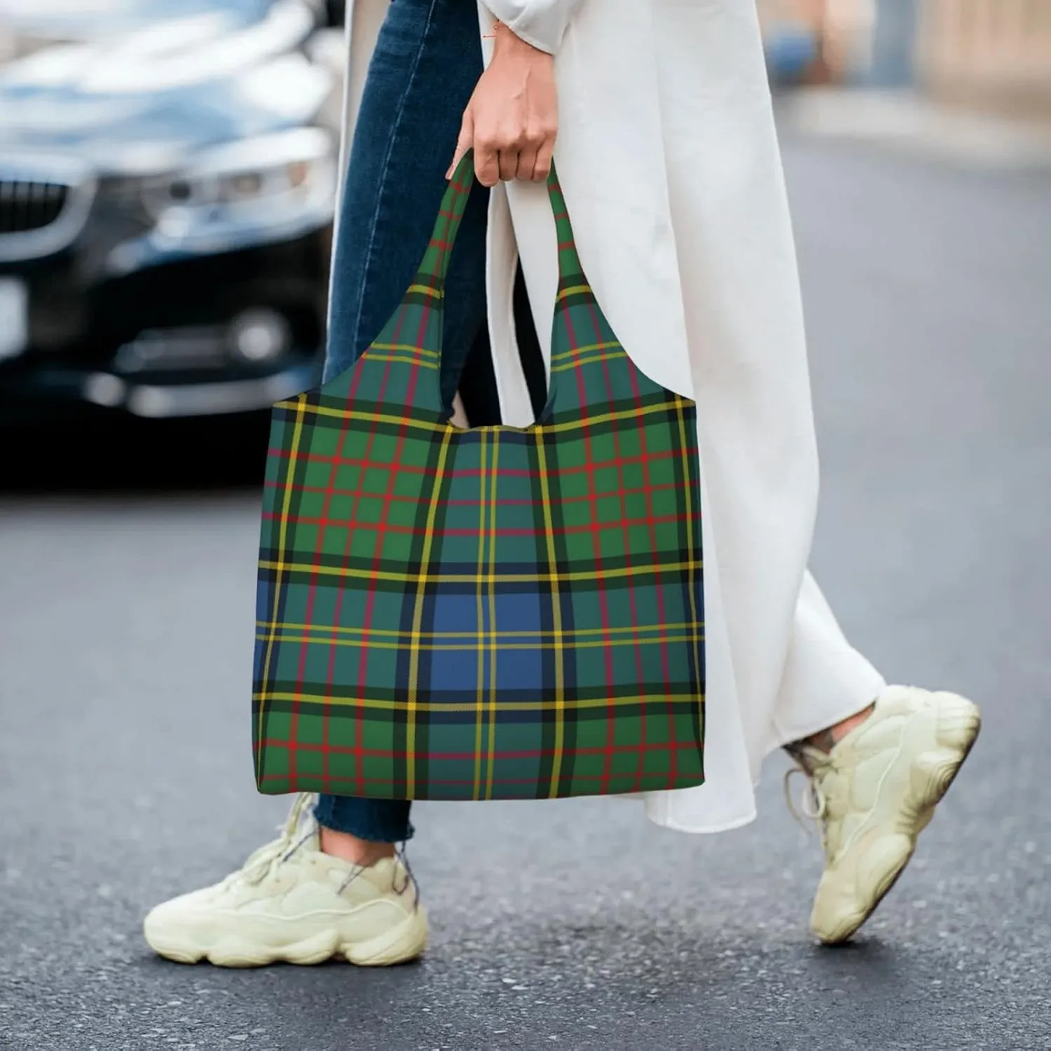 Canvas Shoulder Tote Bags For Women And Men, Reusable Grocery Bags, Large Capacity Clelland Modern Tartan Printed