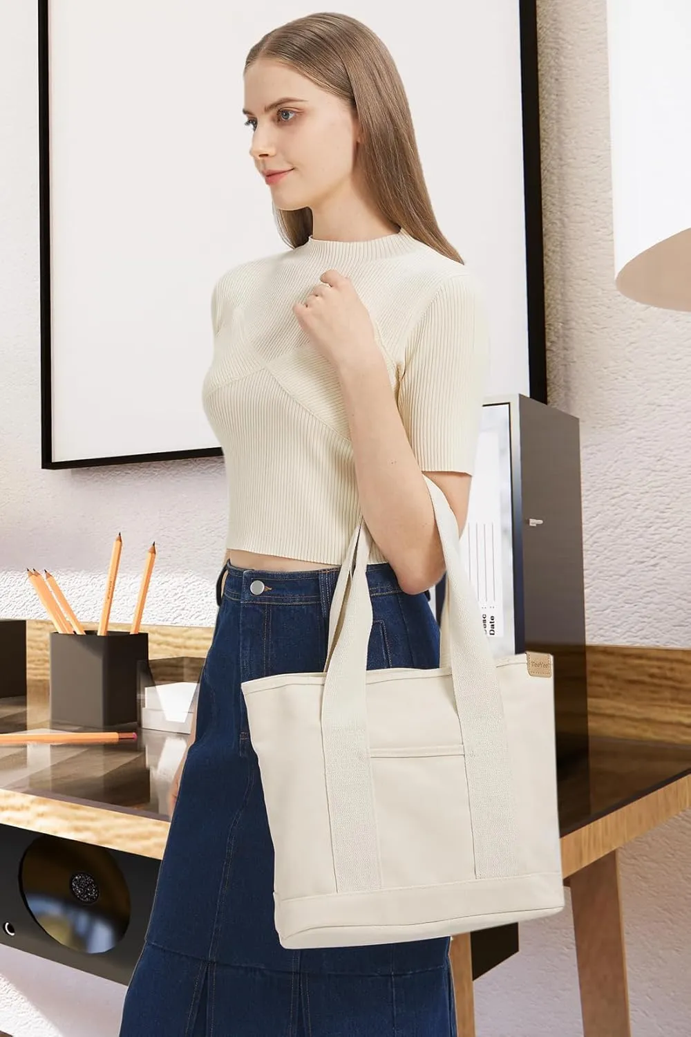 Canvas Tote Bag Casual Multi pockets Handbags Large Capacity Shopping Shoulder Bag with Pocket Bags Work Purses