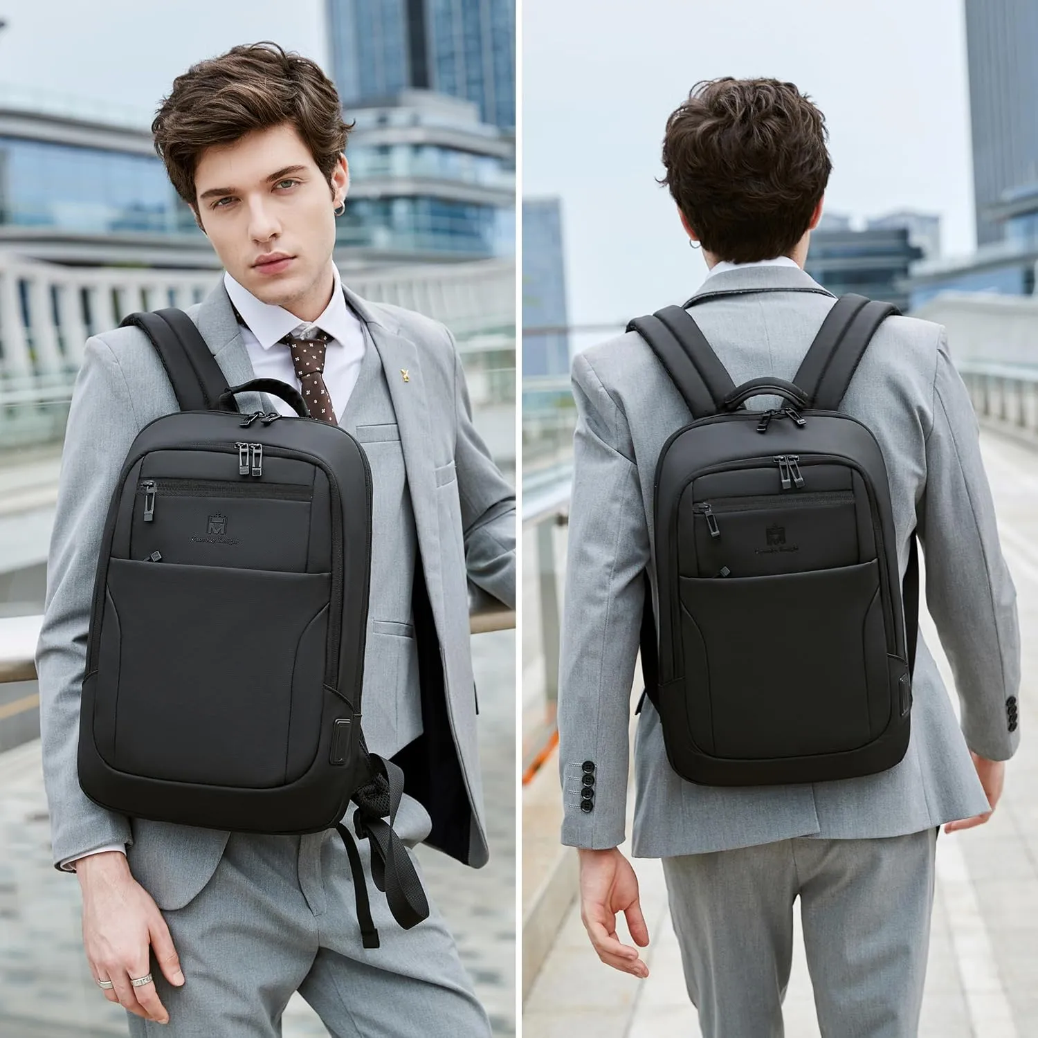 Caoroky knight Backpack Laptop Men 15.6 inch Slim Work Business Backpacks with USB Charging Port Mens Travel Bag Bookbag (Black, Medium)