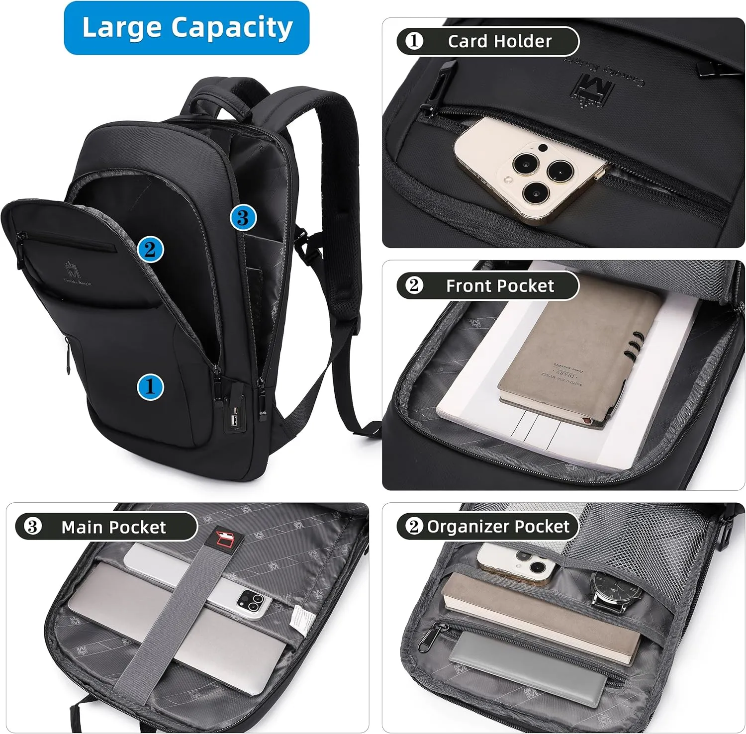 Caoroky knight Backpack Laptop Men 15.6 inch Slim Work Business Backpacks with USB Charging Port Mens Travel Bag Bookbag (Black, Medium)