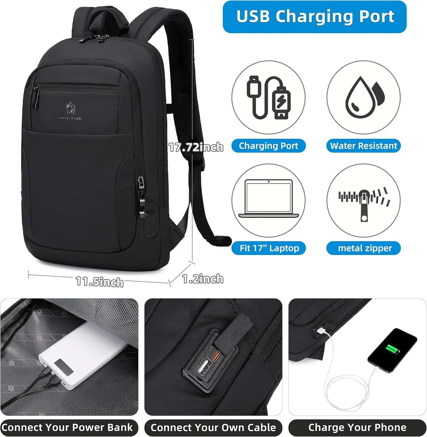 Caoroky knight Backpack Laptop Men 15.6 inch Slim Work Business Backpacks with USB Charging Port Mens Travel Bag Bookbag (Black, Medium)