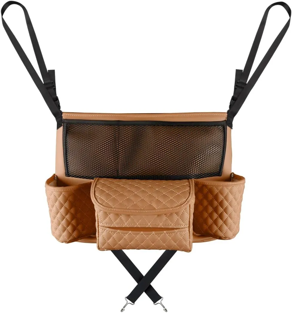 Car Purse Holder Between Seats, Luxury Leather Front Seat Back Handbag Organizer with Tissue Box Cup Holders, Auto Large Capacity Multi Pocket Purse Holder Hanging Storage Bag (Brown)
