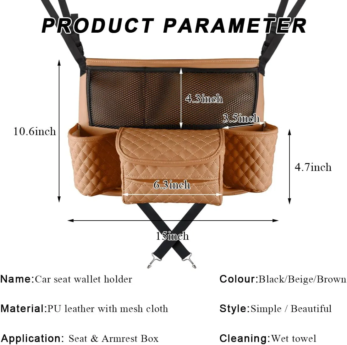 Car Purse Holder Between Seats, Luxury Leather Front Seat Back Handbag Organizer with Tissue Box Cup Holders, Auto Large Capacity Multi Pocket Purse Holder Hanging Storage Bag (Brown)