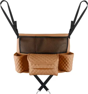Car Purse Holder Between Seats, Luxury Leather Front Seat Back Handbag Organizer with Tissue Box Cup Holders, Auto Large Capacity Multi Pocket Purse Holder Hanging Storage Bag (Brown)