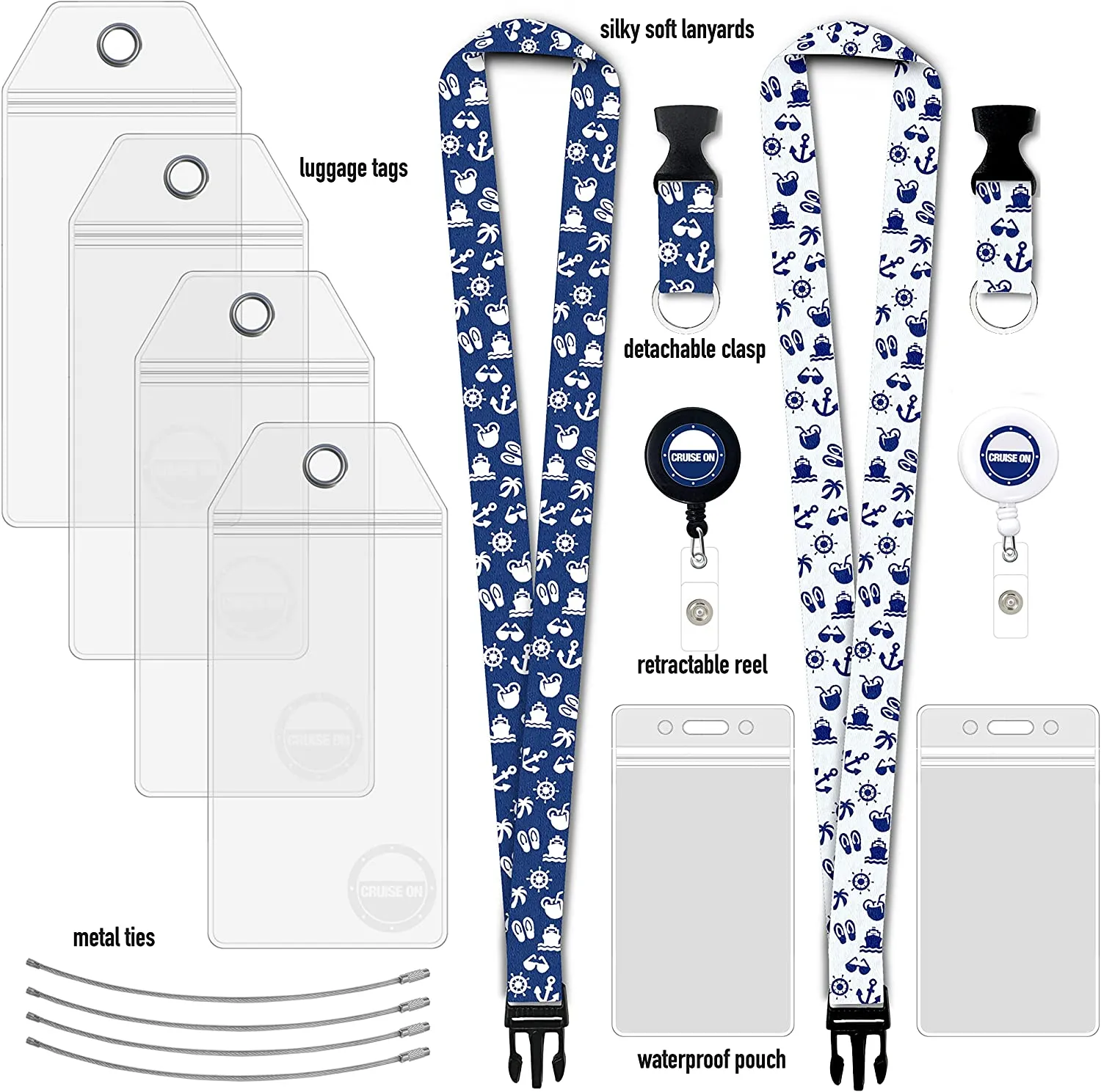Carnival Cruise Luggage Large Tag Holders [4 Pack] & Cruise Lanyard Set [2 Pack] Clear, Plastic & Waterproof, Blue & White