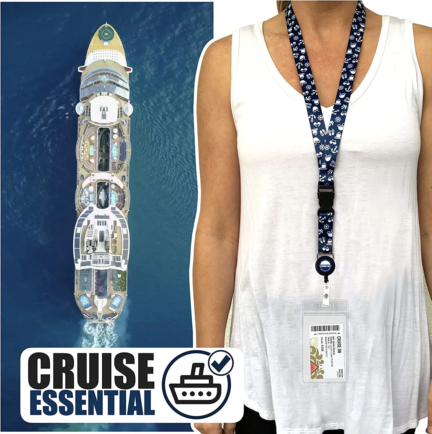 Carnival Cruise Luggage Large Tag Holders [4 Pack] & Cruise Lanyard Set [2 Pack] Clear, Plastic & Waterproof, Blue & White