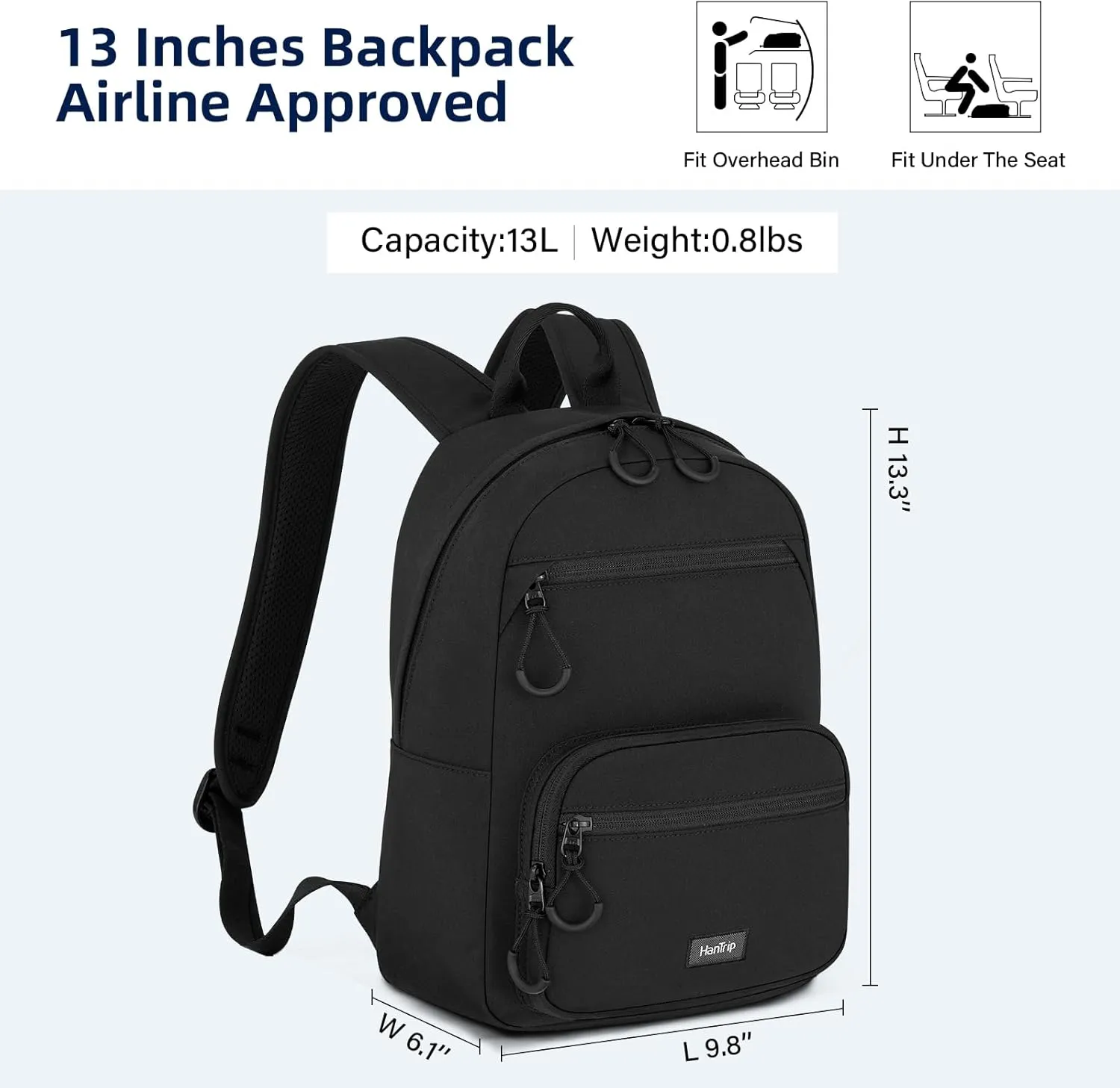 Carry On Travel Backpack For Men Women, 13 Inch Small Mini Work Bag Personal Item Backpacks, Camping Back Pack Lightweight Hiking Daypack For Office Nurse Commuter (Black)